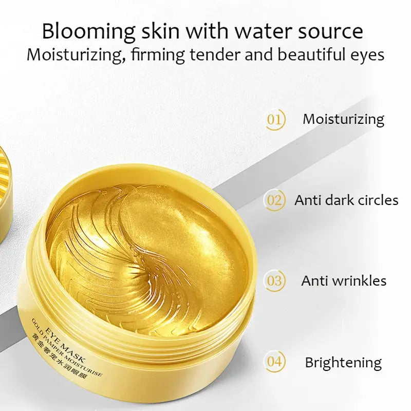 Gold eye mask gel jar, open with glossy gel swirl