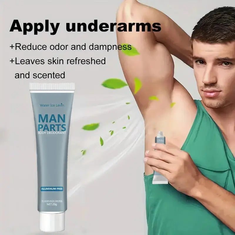 Light blue body deodorant cream tube with white cap, aluminum-free