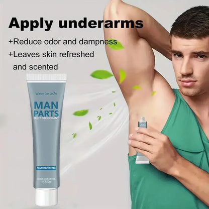 Light blue body deodorant cream tube with white cap, aluminum-free