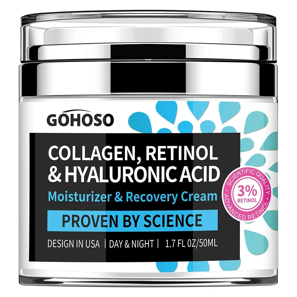 GOHOSO collagen retinol & hyaluronic acid recovery cream, clear jar with blue text