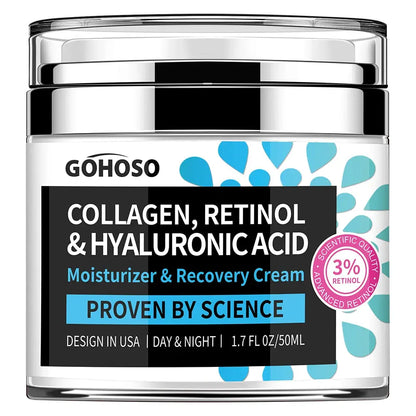 GOHOSO collagen retinol & hyaluronic acid recovery cream, clear jar with blue text