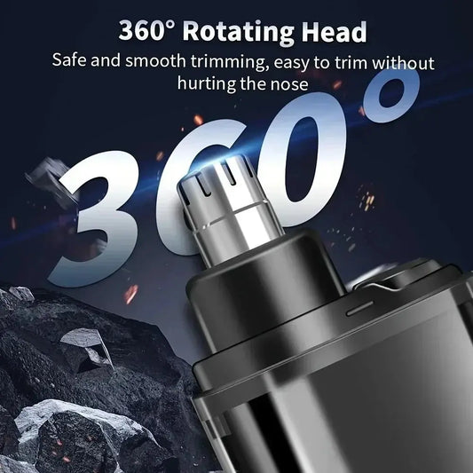 Portable nose hair trimmer with rotating head, dark metal finish