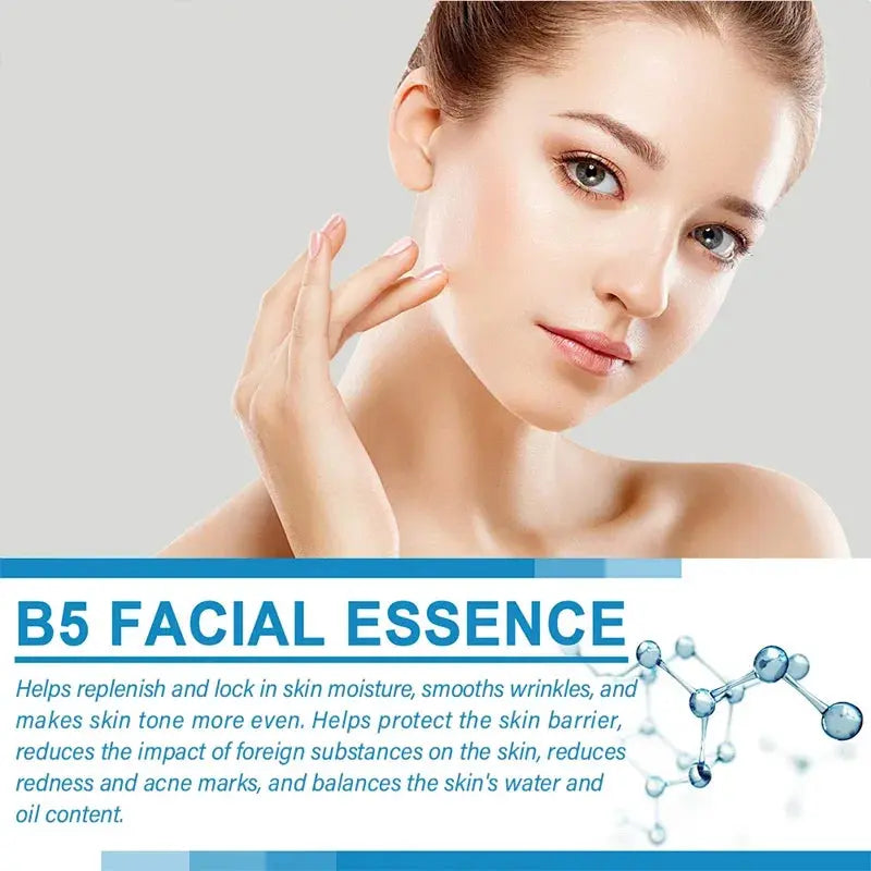 Woman applying B5 facial essence serum with dropper near cheek