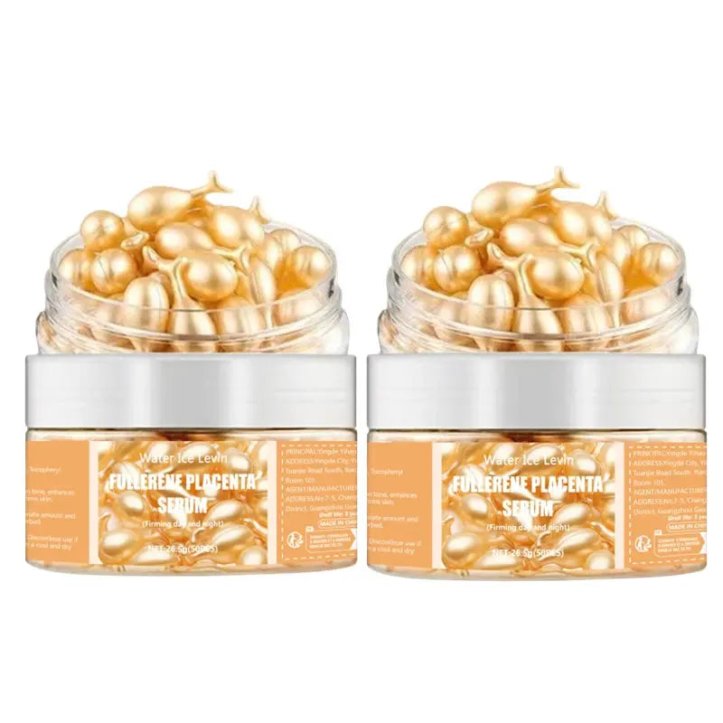 Skin serum jar set: white label jars with clear tops filled with golden capsules.
