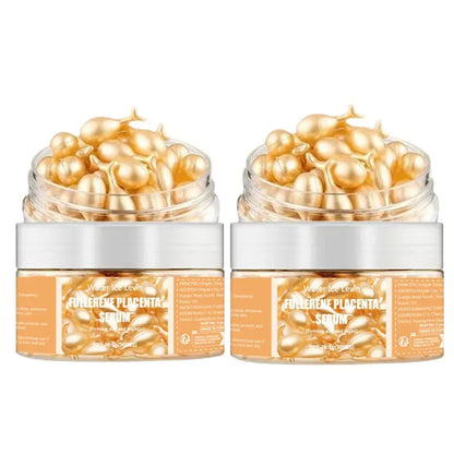 Skin serum jar set: white label jars with clear tops filled with golden capsules.
