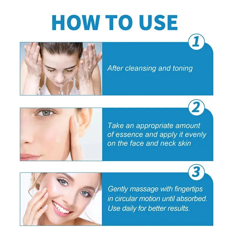 Facial serum application steps with hands, face, and neck care