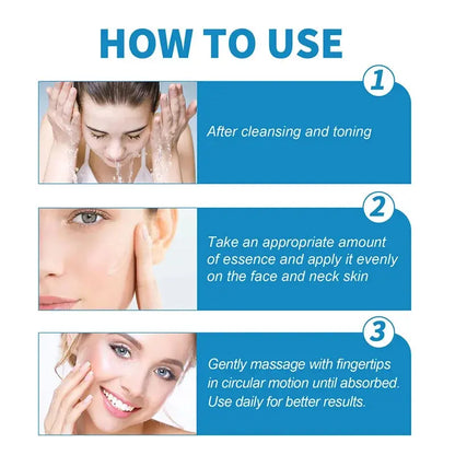 Facial serum application steps with hands, face, and neck care