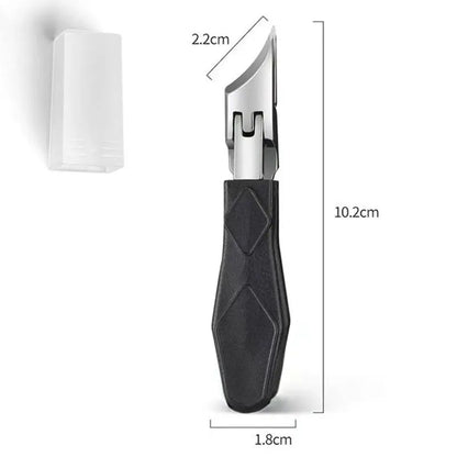 Toenail clipper nipper, black handle with stainless-steel blades and size measurements