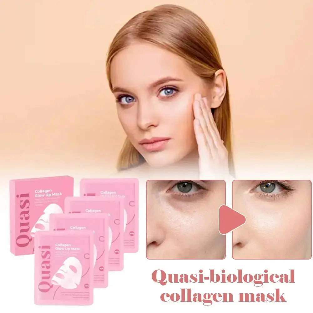 Facial mask routine: pink mask packs plus hydrogel sheet on face for collagen glow-up.