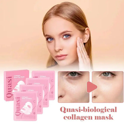 Facial mask routine: pink mask packs plus hydrogel sheet on face for collagen glow-up.