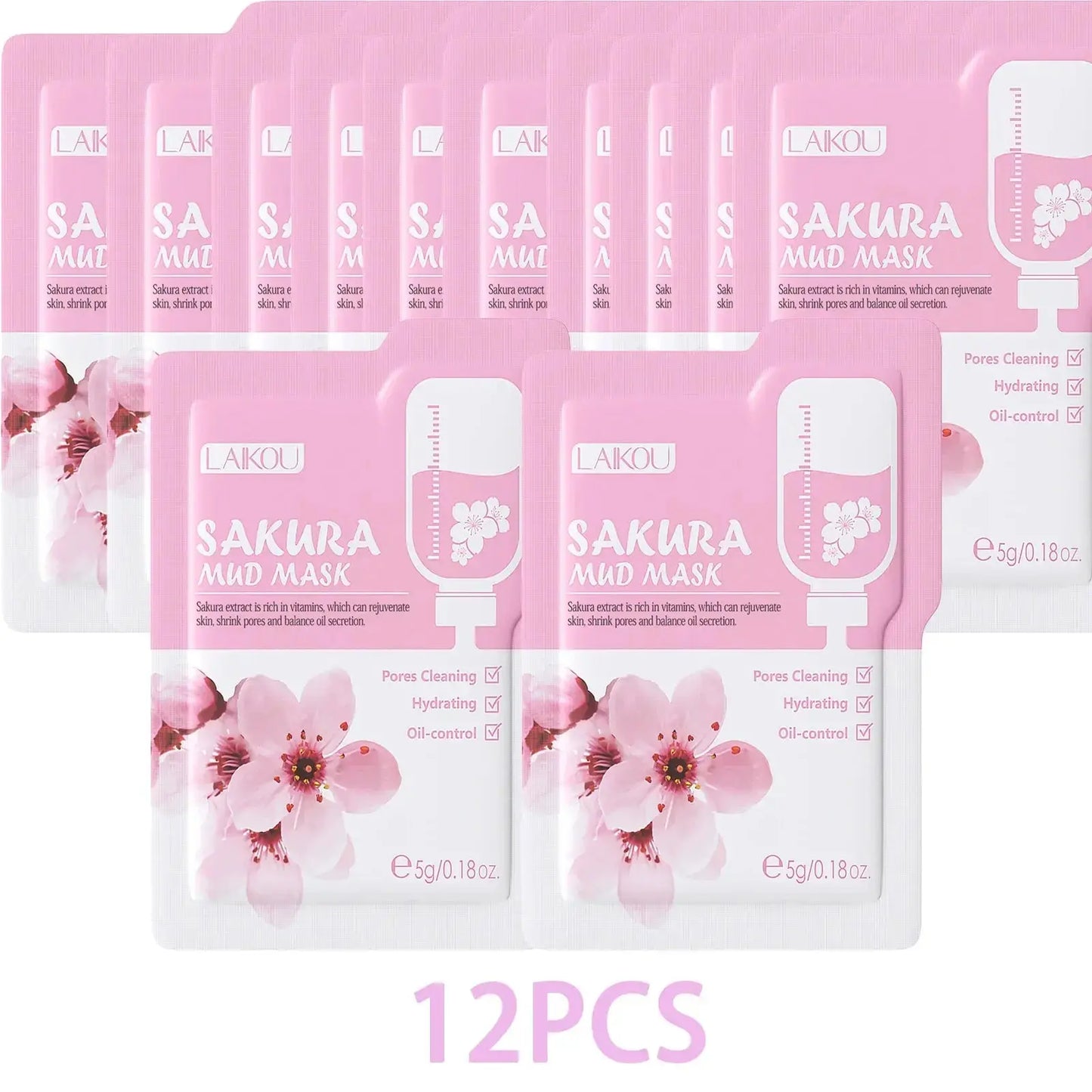 12-pack Sakura mud mask face mask sachets in pink floral packaging, 5g each