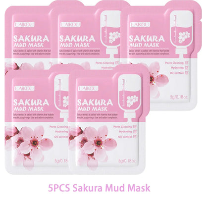 5-pack Sakura mud mask sachets with pink floral face mask packaging, 5g each
