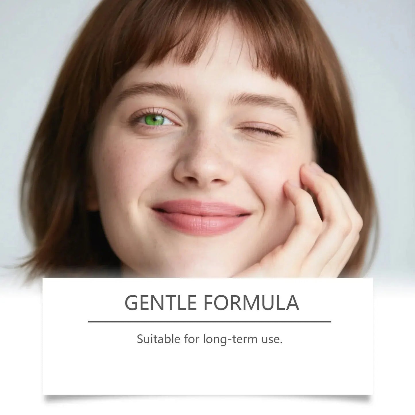 Woman with smile and gentle formula label panel for facial serum