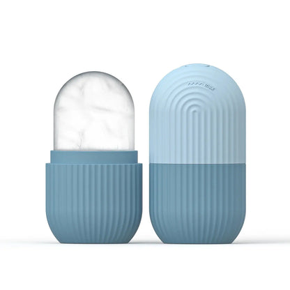Silicone face ice cube mold, light blue ribbed base with arched lid; white gel/ice inside