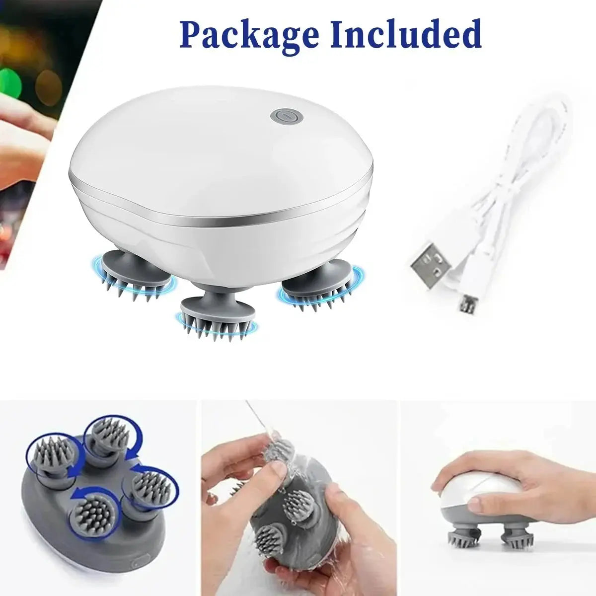 White head massager with soft silicone kneading nodes for scalp massage.