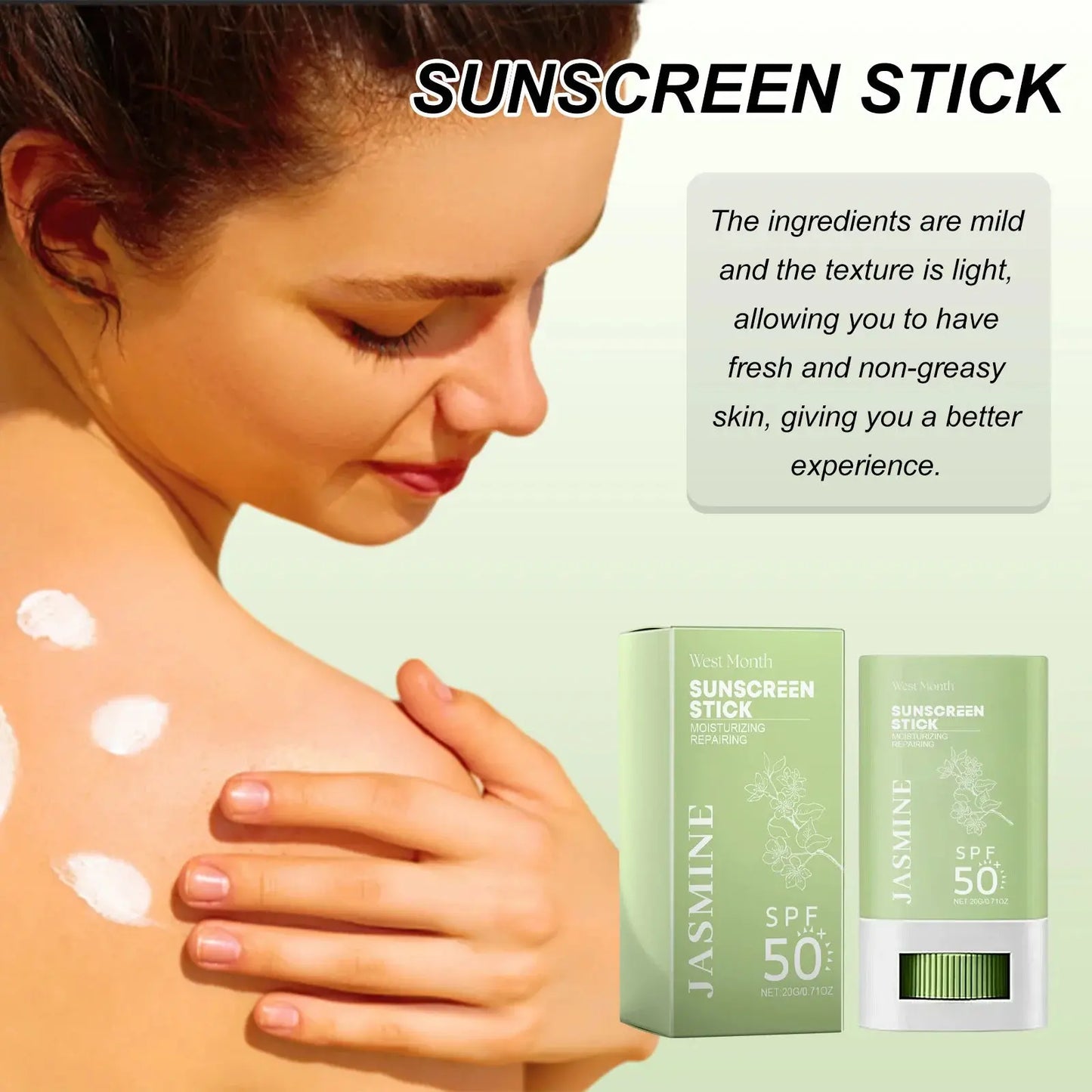 Woman applying SPF 50+ sunscreen stick on skin with Jasmine green tubes