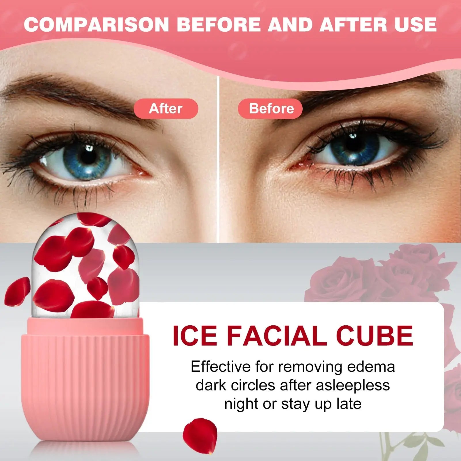 Silicone face ice cube mold with pink ridged container and red ice facial cubes
