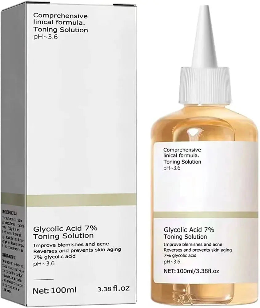 Glycolic acid 7% toning solution bottle with dropper and matching product box