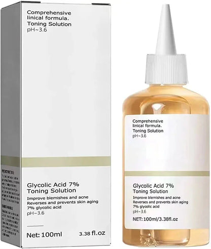 Glycolic acid 7% toning solution bottle with dropper and matching product box