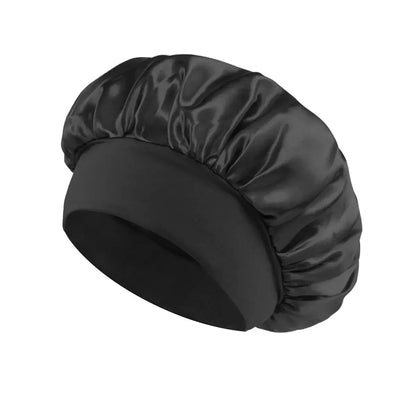 Black satin sleeping hair bonnet with wide band and gathered top