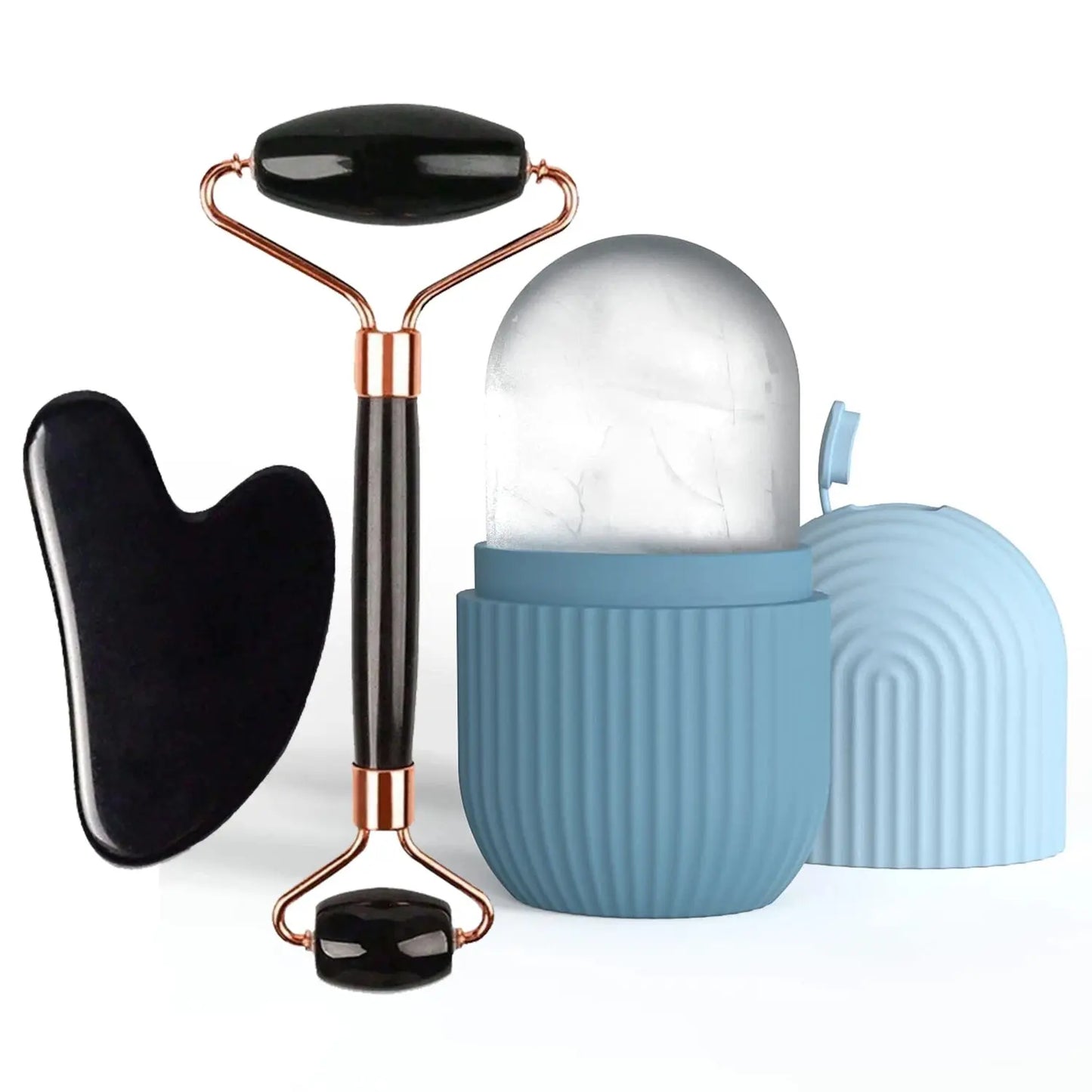 Blue silicone face ice cube mold with clear ice dome, black gua sha and roller