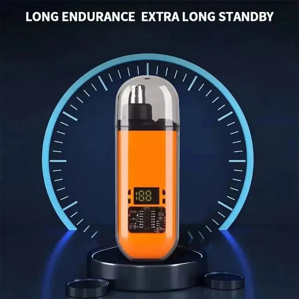 Orange translucent nose hair trimmer with rotating head on small base