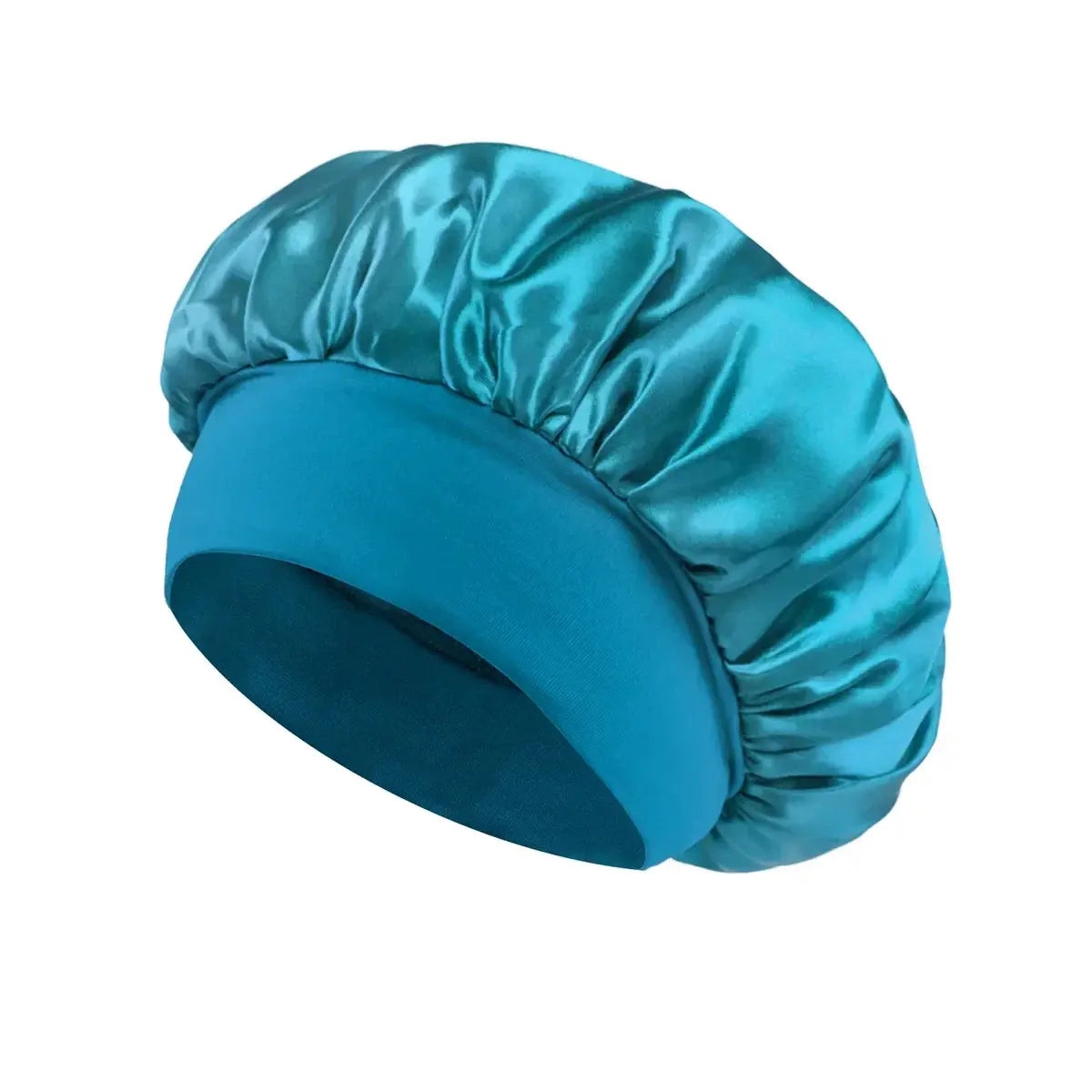 Teal blue satin sleeping hair bonnet with wide band and gathered top