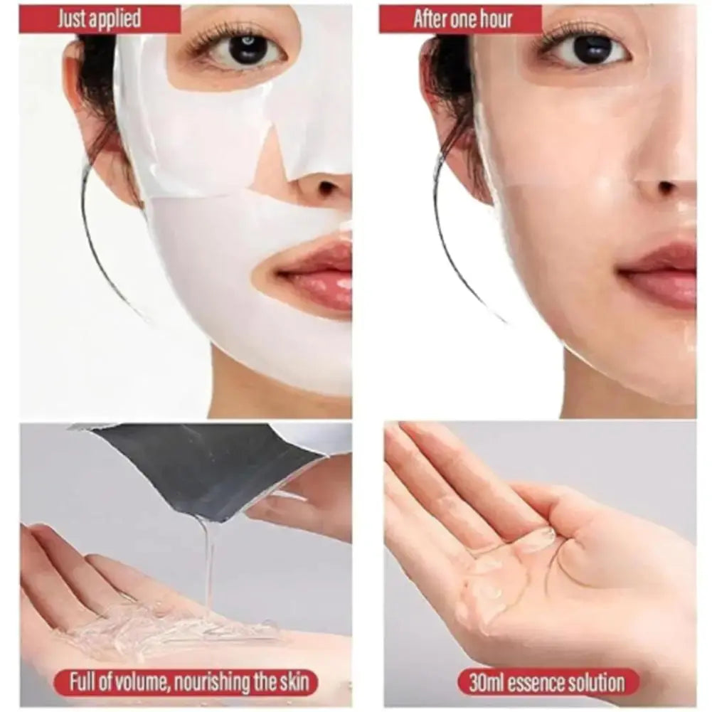 Facial hydrogel mask application: white mask on face with skincare steps and hand placement.