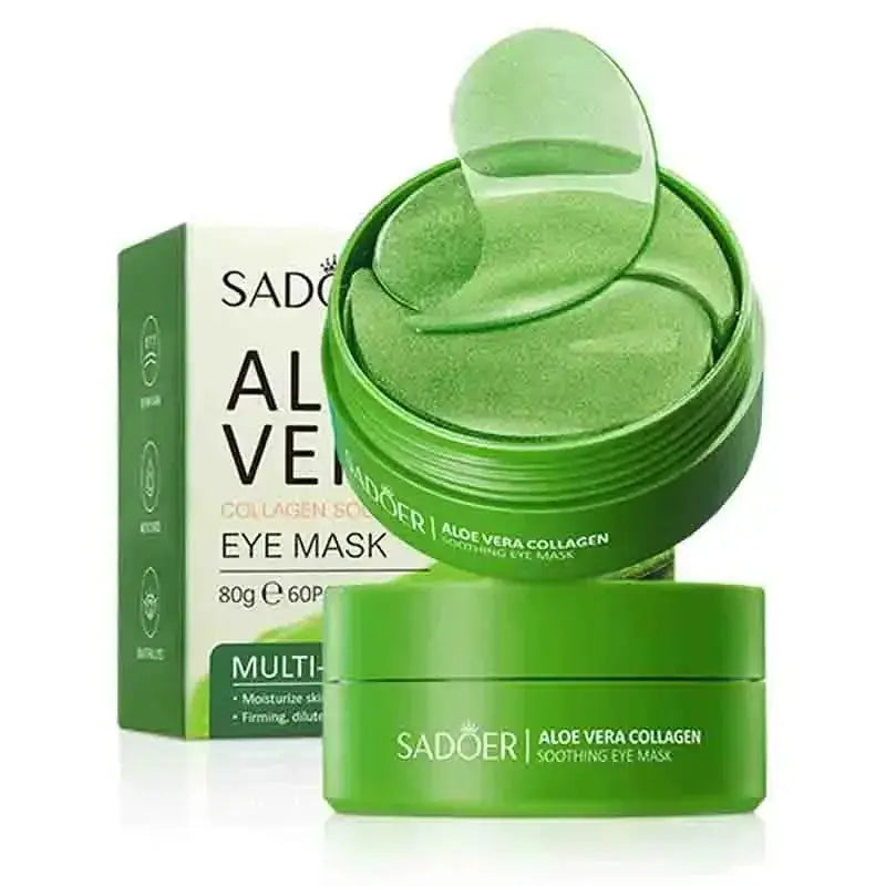 Aloe vera collagen eye mask jar with green gel and box
