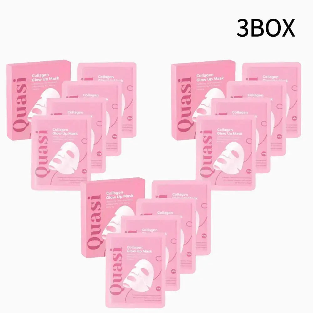 3-pack pink collagen glow-up hydrogel mask sachets arranged in a fan layout with labels.