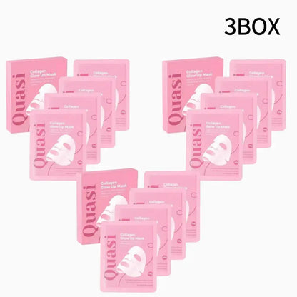 3-pack pink collagen glow-up hydrogel mask sachets arranged in a fan layout with labels.