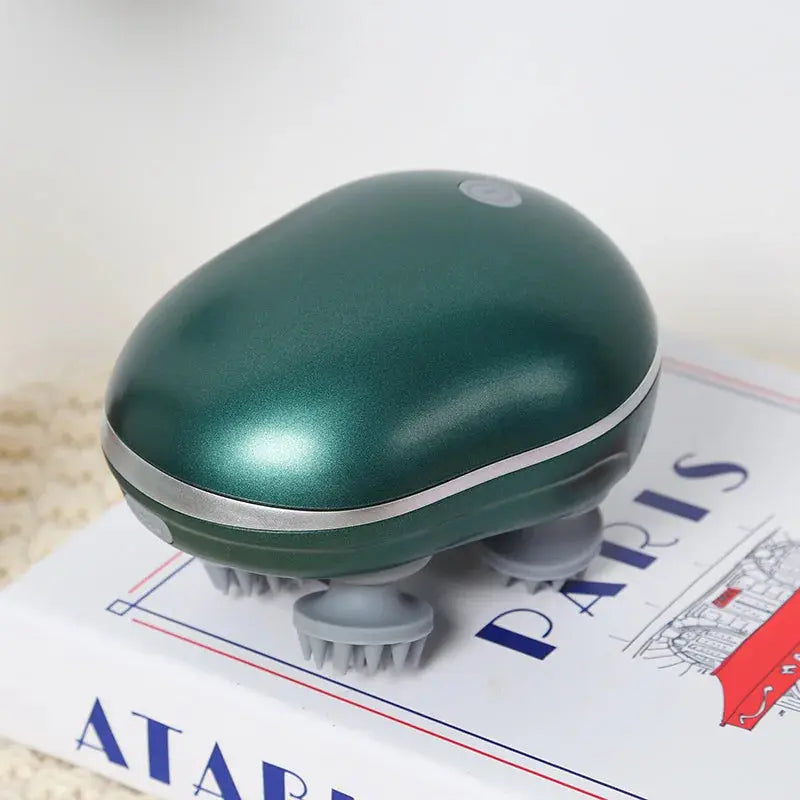 Glossy green scalp massager with dome head and soft silicone kneading nodes