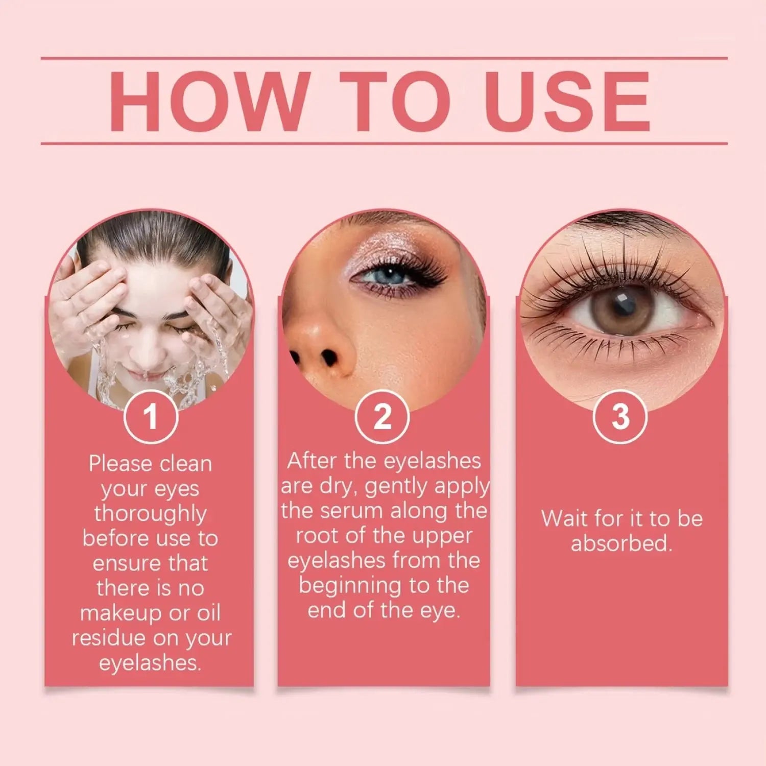 Eyelash oil serum how-to use steps with eye close-up photos