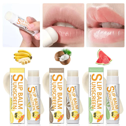 Lip balm SPF 30 stick with hand application and glossy lip close-ups