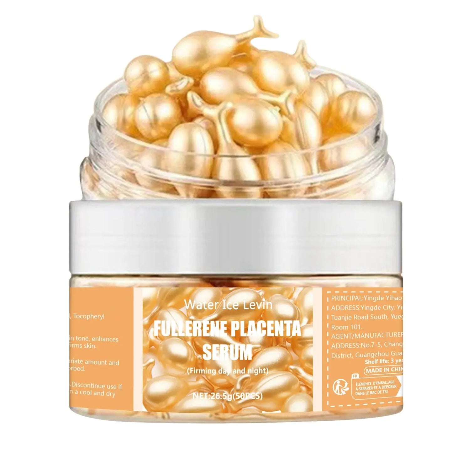 Fullerene placenta serum jar with gold capsule beads under clear dome and white lid