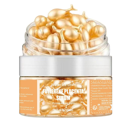 Fullerene placenta serum jar with gold capsule beads under clear dome and white lid