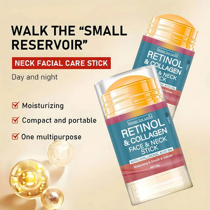 Retinol & Collagen face and neck care stick, gold cap, teal label, portable container.