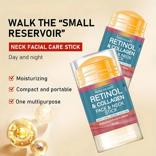 Retinol & Collagen face and neck care stick, gold cap, teal label, portable container.