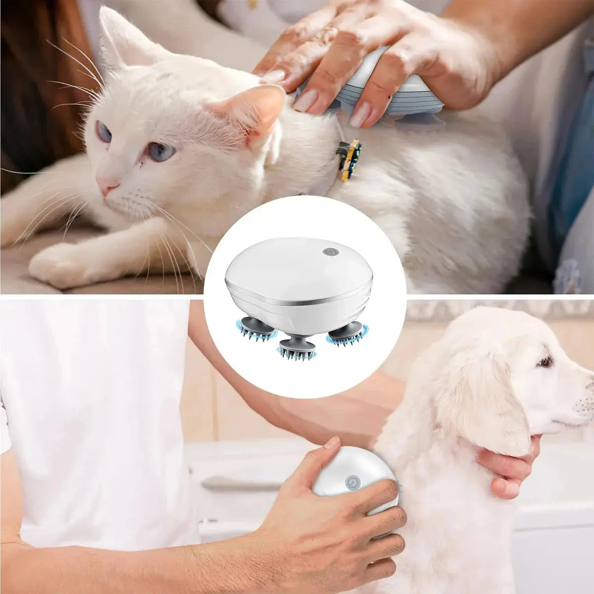 White head massager being used on a pet’s head with silicone massage nodes.