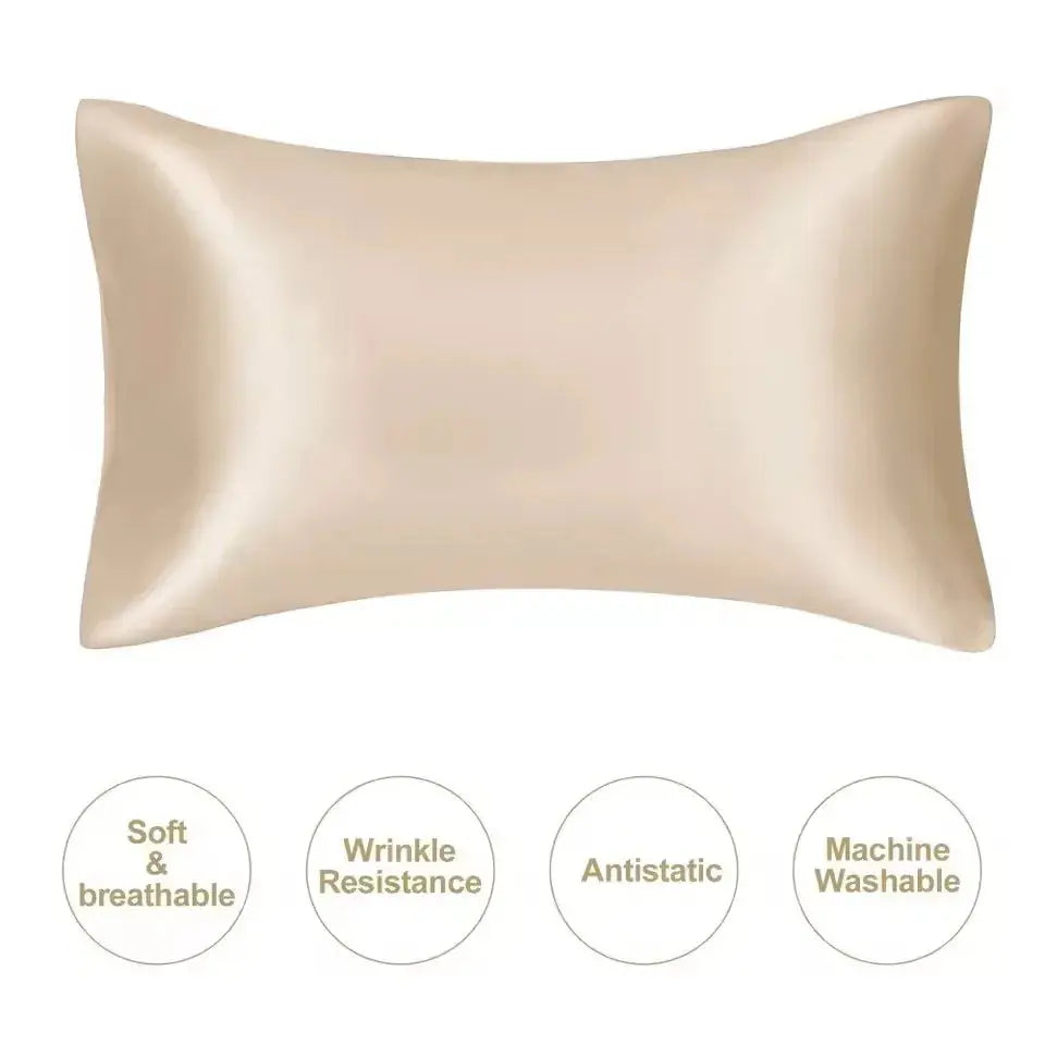 Champagne silky satin pillowcase with smooth finish and tapered edges