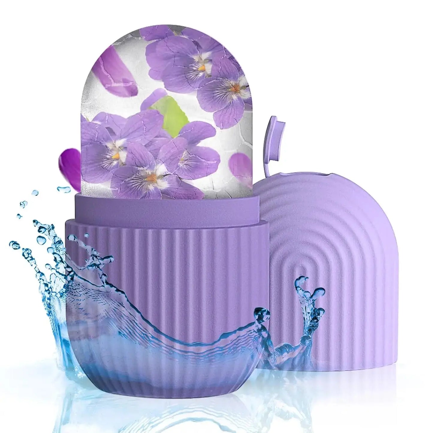 Silicone face ice cube mold, purple ridged container with floral ice dome and splash