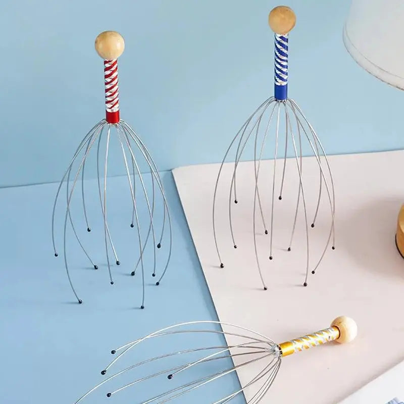 Set of 2 octopus head scalp massagers with red and blue braided handles and wire tentacles