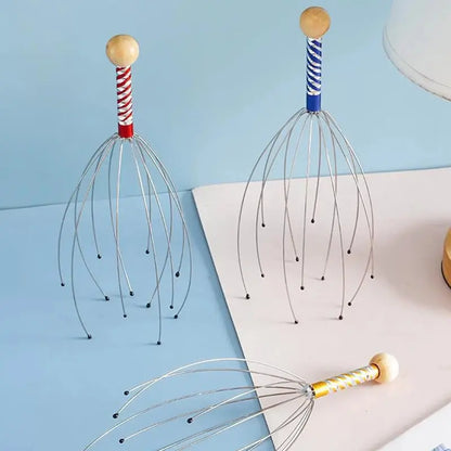 Set of 2 octopus head scalp massagers with red and blue braided handles and wire tentacles
