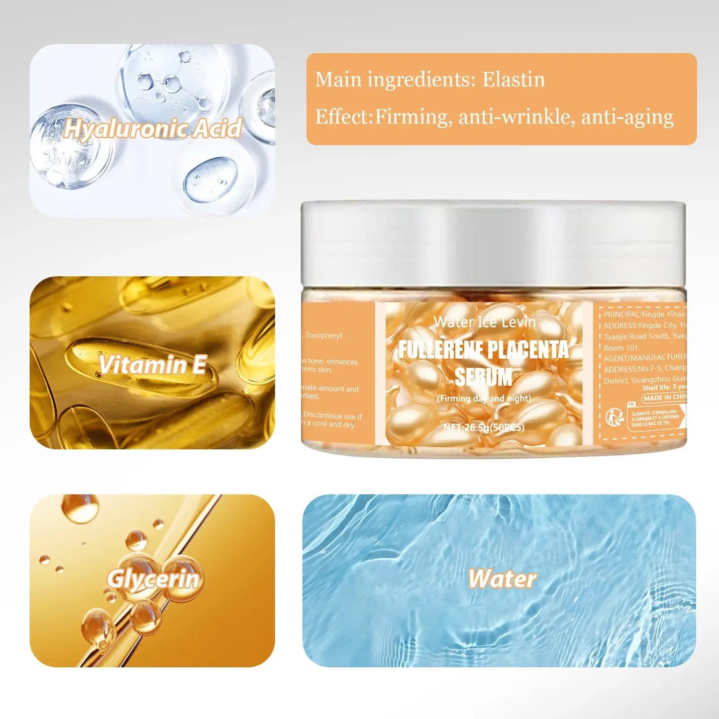 Fullerene placenta serum jar with gold capsules on clear center and white lid