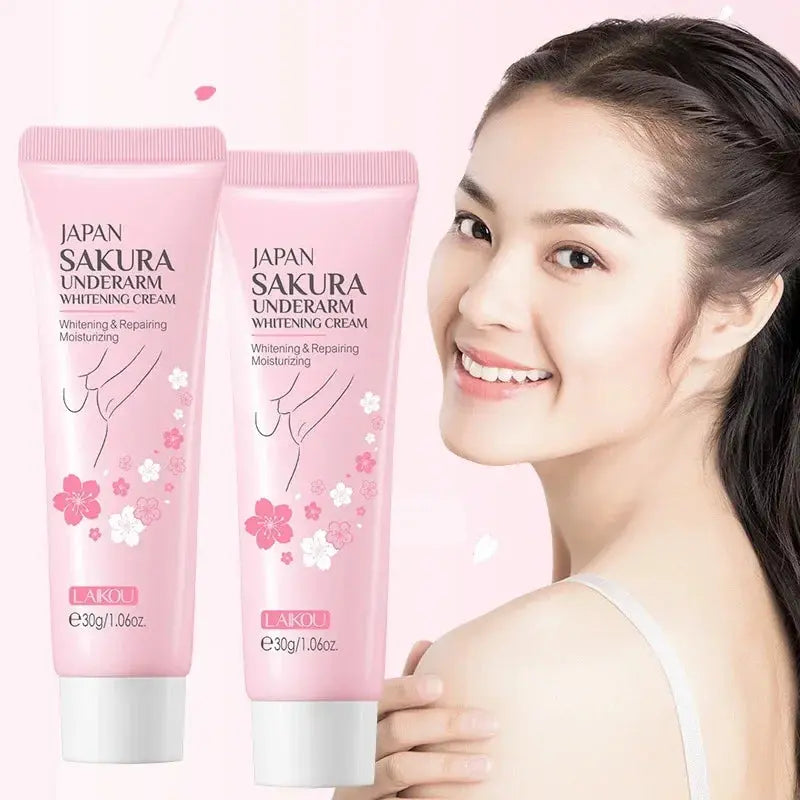 Two pink underarm whitening cream tubes with floral print