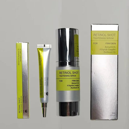 Retinol tightening serum set: silver pump bottle, tube, and boxed pack