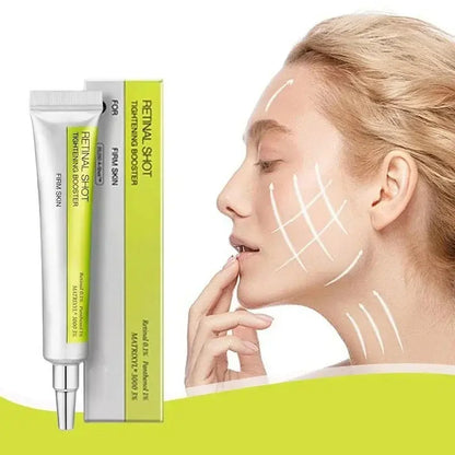 Two skincare booster cream tubes with model face showing crosshatch lines