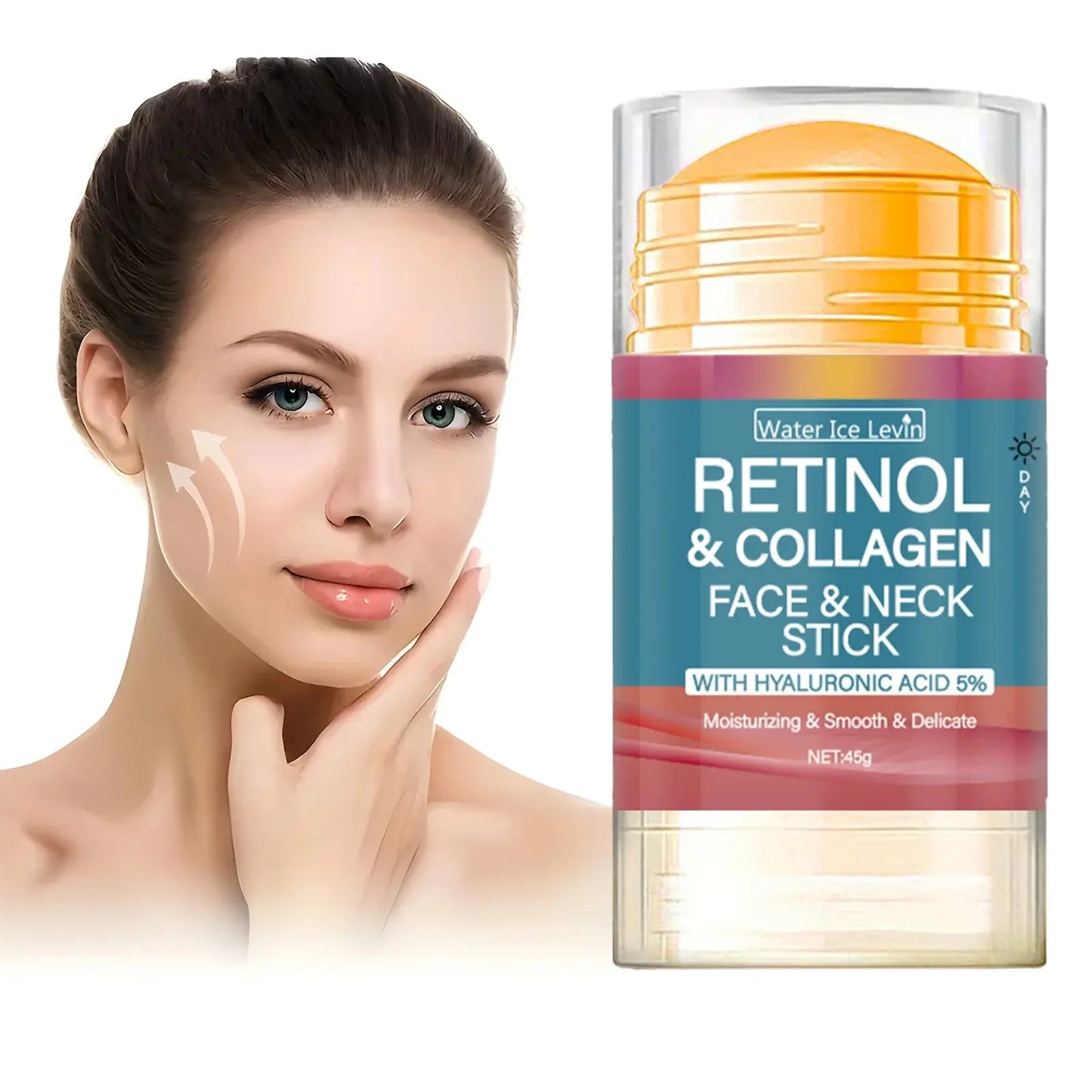 Retinol & Collagen face & neck stick shown with applied care on face and neck area.