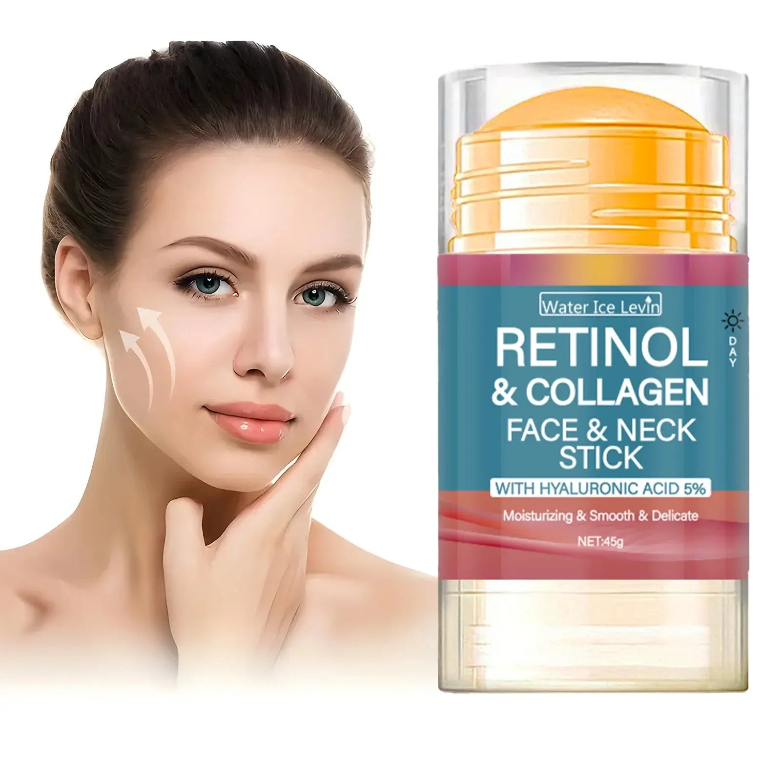 Retinol & Collagen face & neck stick shown with applied care on face and neck area.