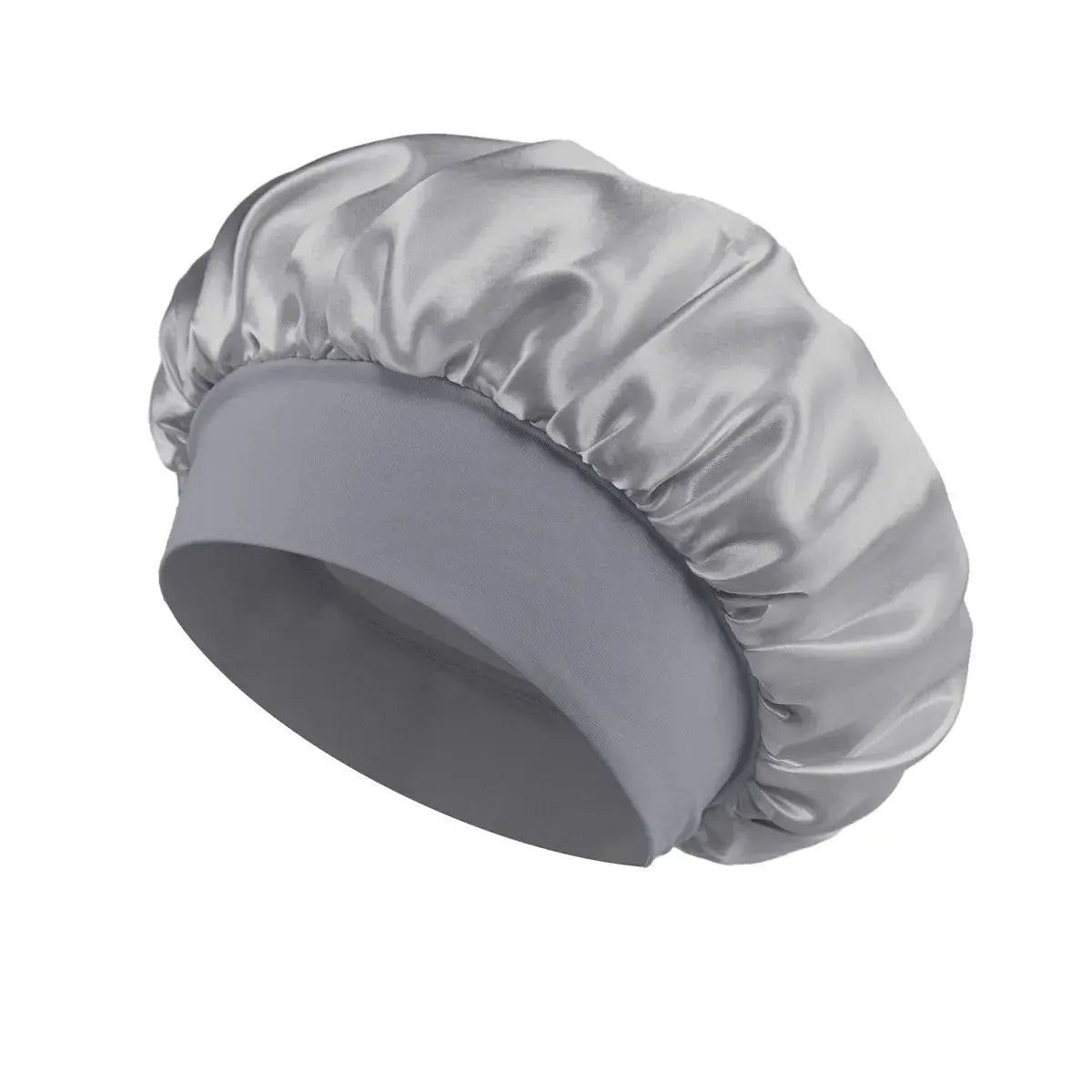 Light gray satin sleep bonnet with wide brim and gathered crown
